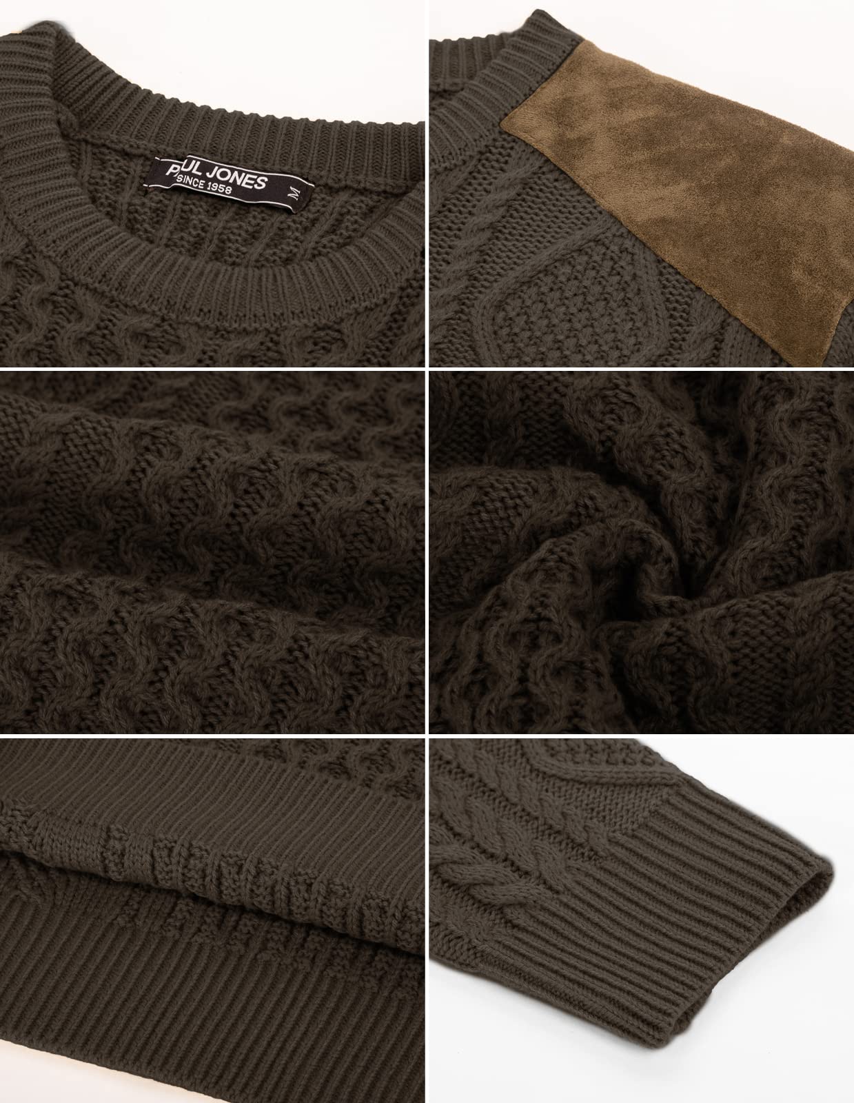 Men Military Commando Sweater Long Sleeve Crewneck Cable Knitted Pullover Sweater with Suede Patch on Shoulders Coffee L