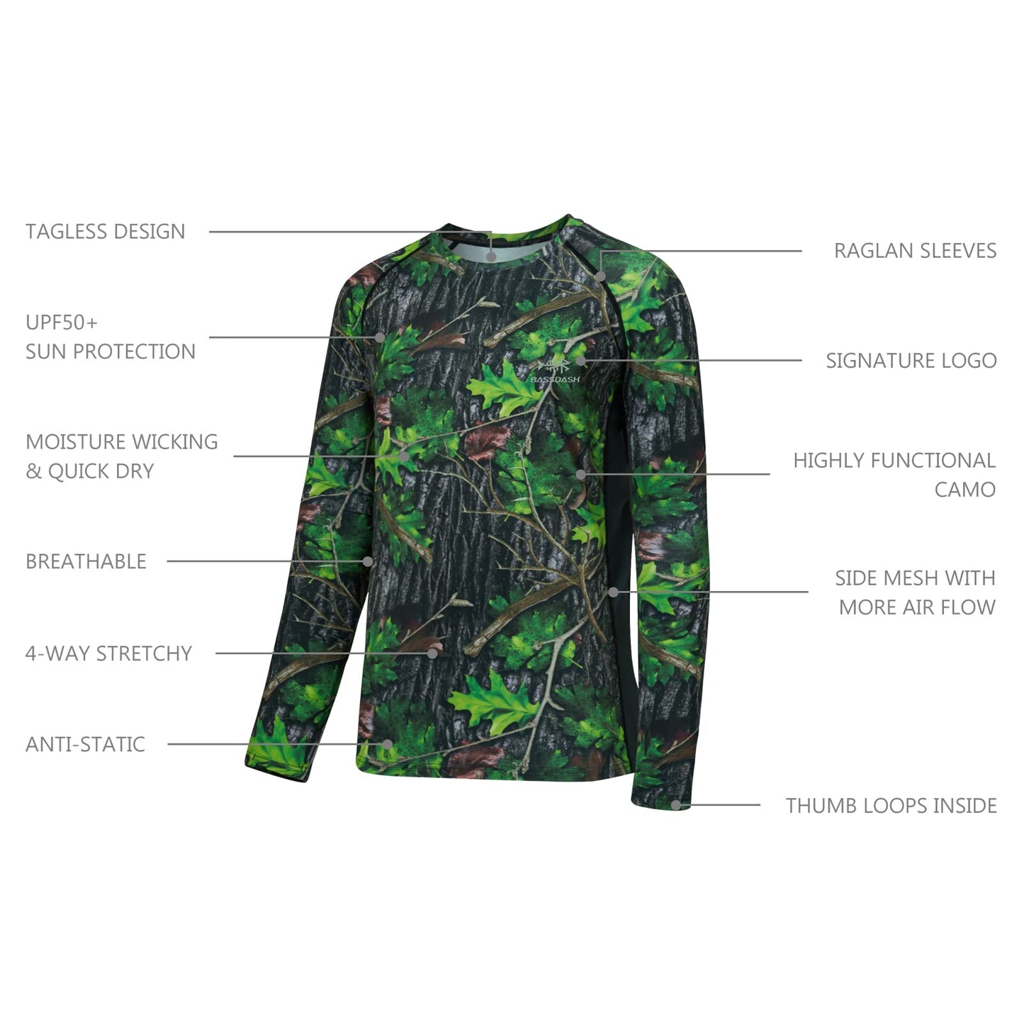 BASSDASH Men's Hunting Camo Performance Long Sleeve Shirt Fishing UPF50+ FS13M