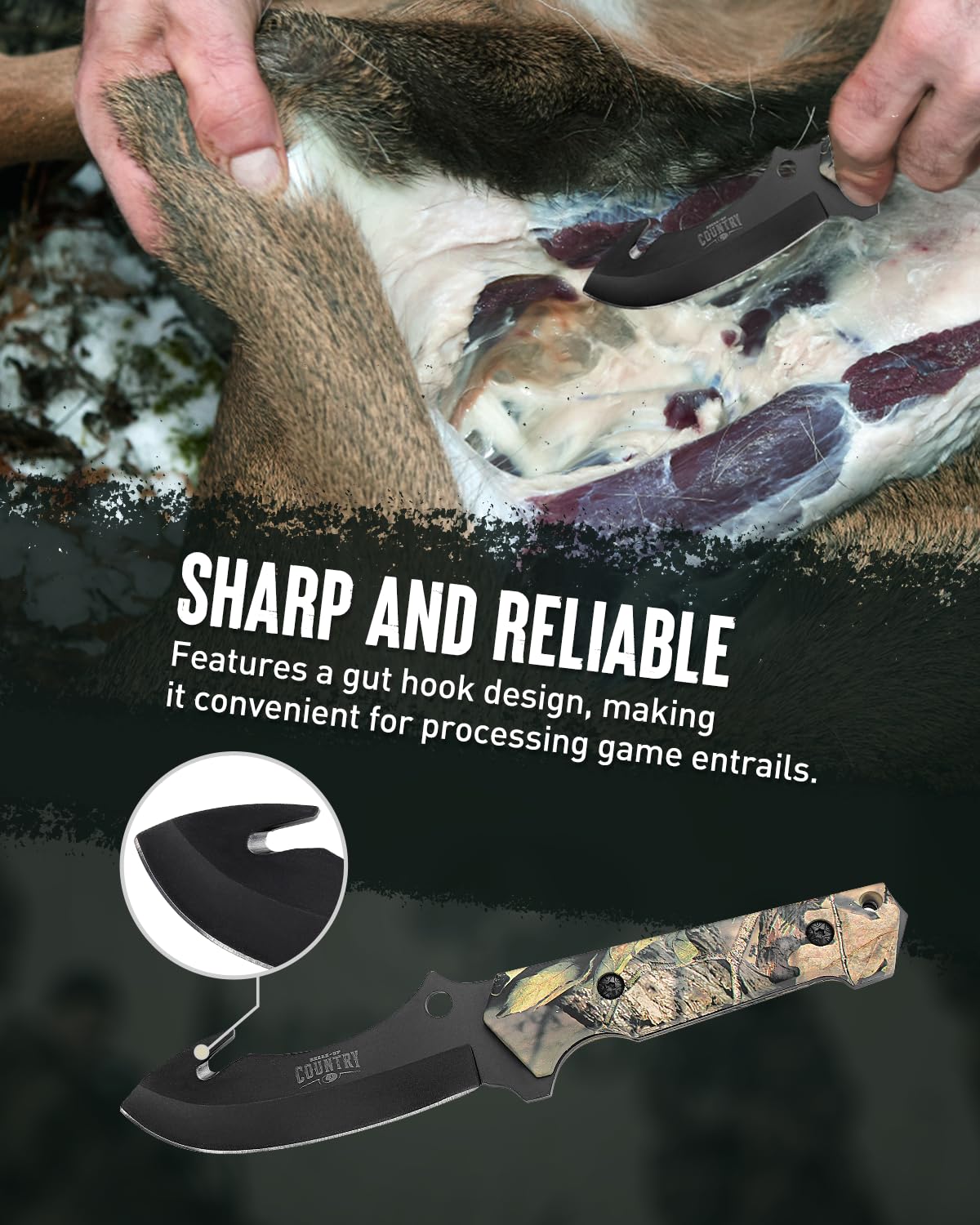 Mossy Oak Fixed Blade Hunting Knife Set - 2 Piece, Full Tang Handle Straight Edge and Gut Hook Blades Game Processing Knife, Sheath Included - Yellow Camo