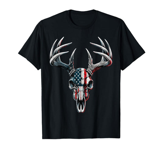 Whitetail Deer Hunting - American Flag on Buck Skull T-Shirt