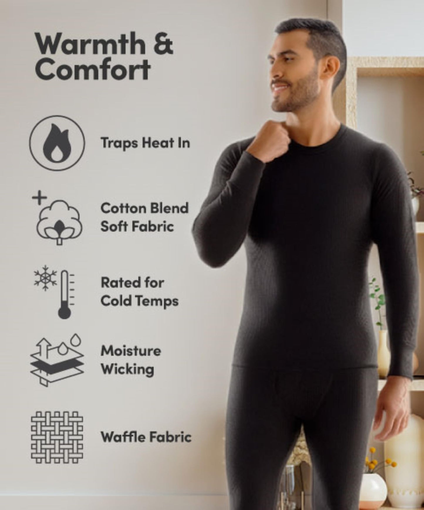 Fruit of The Loom Men's Recycled Waffle Thermal Underwear Set (Top and Bottom), Black, Large