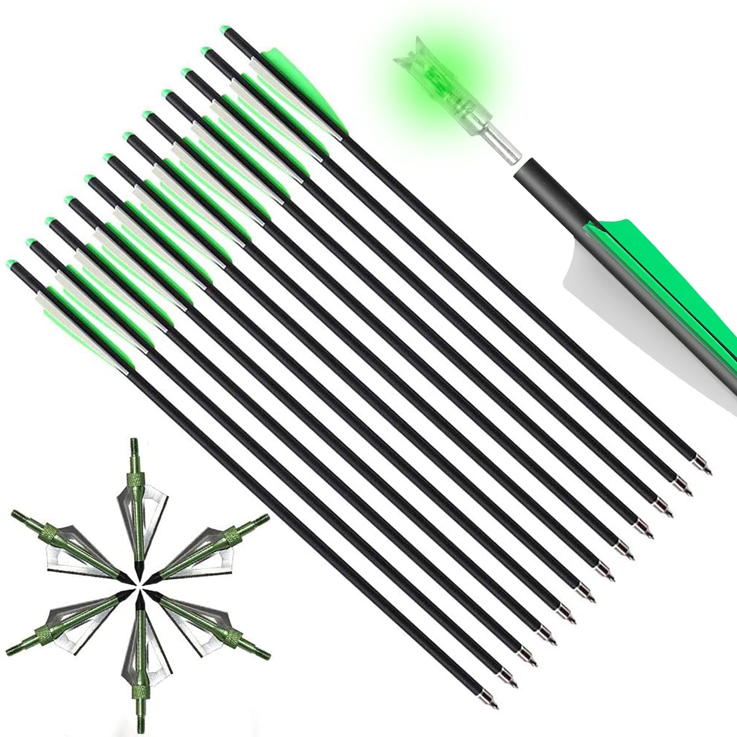 TOPARCHERY Crossbow Bolts 20 Inch 12 pcs with 6pcs Lighted Nocks and 6pcs Replaced Broadheads Set, Carbon Crossbow Arrows for Practice Outdoor Hunting