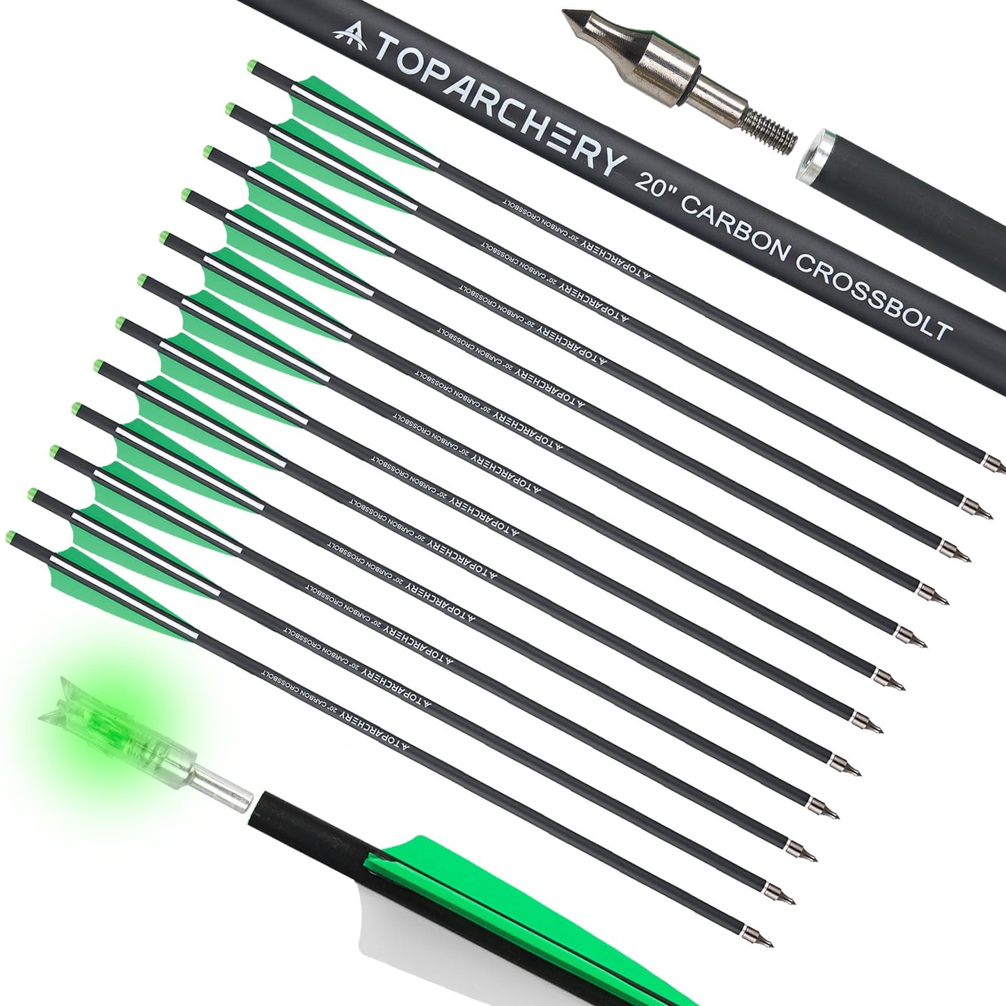 TOPARCHERY Crossbow Bolts 20 Inch with Lighted Nocks, Carbon Crossbow Arrows for Practice Outdoor Hunting (Green)