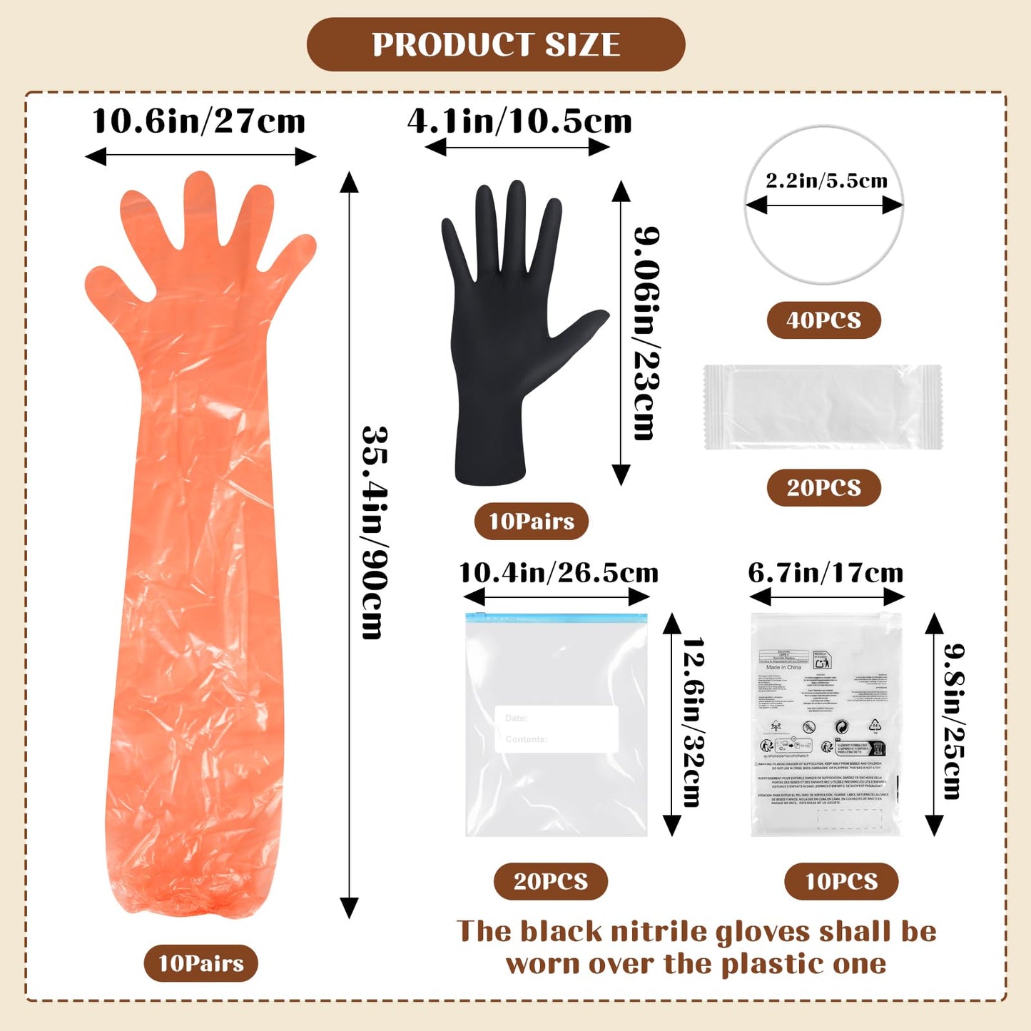 Field Dressing Gloves Kit, 10 Sets Disposable Hunting Deer Gutting Cleaning Gloves, Shoulder-Length Disposable Glove & Nitrile Glove Combo & Rubber Bands for Deer Gutting Hunting Cleaning Accessories
