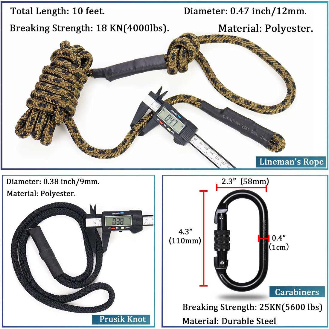 Huntury 3Pcs Treestand Safety Rope, Linemans Ropes for Hunting, Tree Stand Safety Line, Tree Tether Ropes, Life Lines for Tree Stands Hunting(10 feet)
