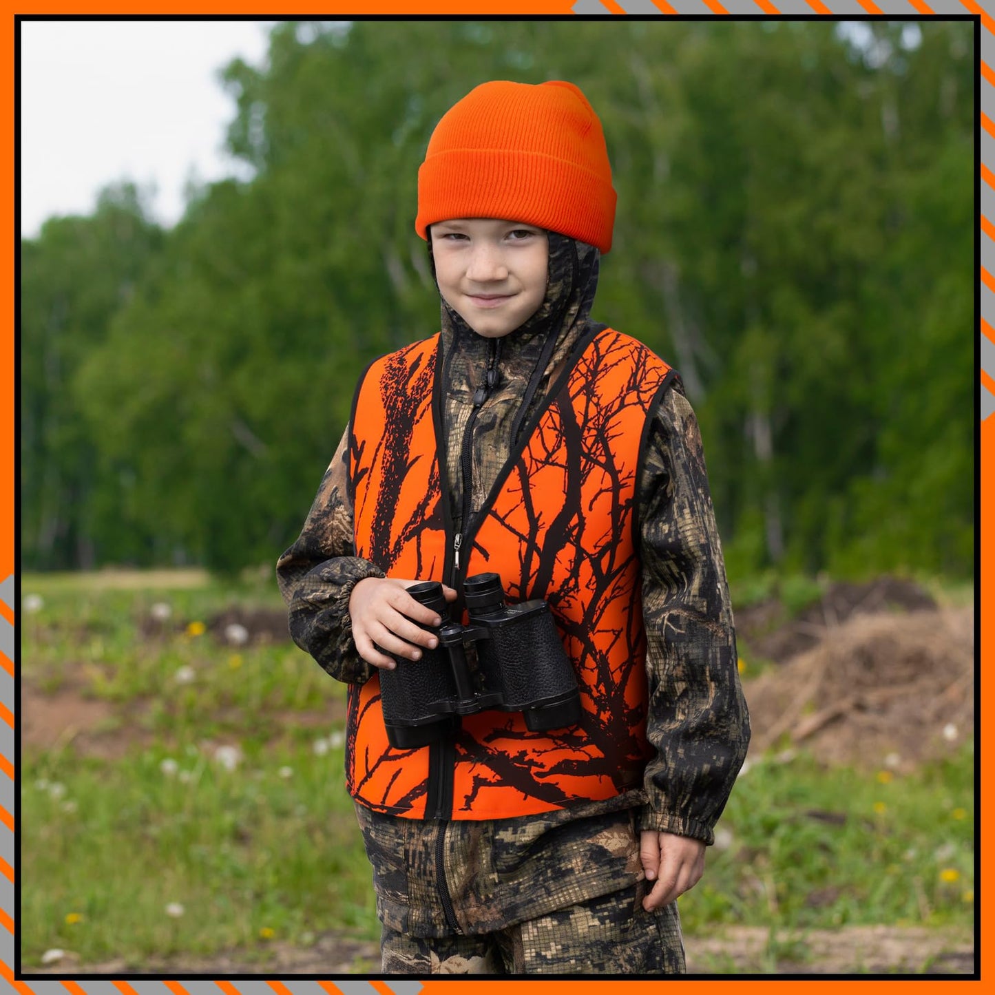 Berlune 2 Pcs Kids Hunting Vest & Beanie Set Reflective Hunting Clothes Blaze Vests for Night Hiking Outdoor(Orange,M,Pattern Style)
