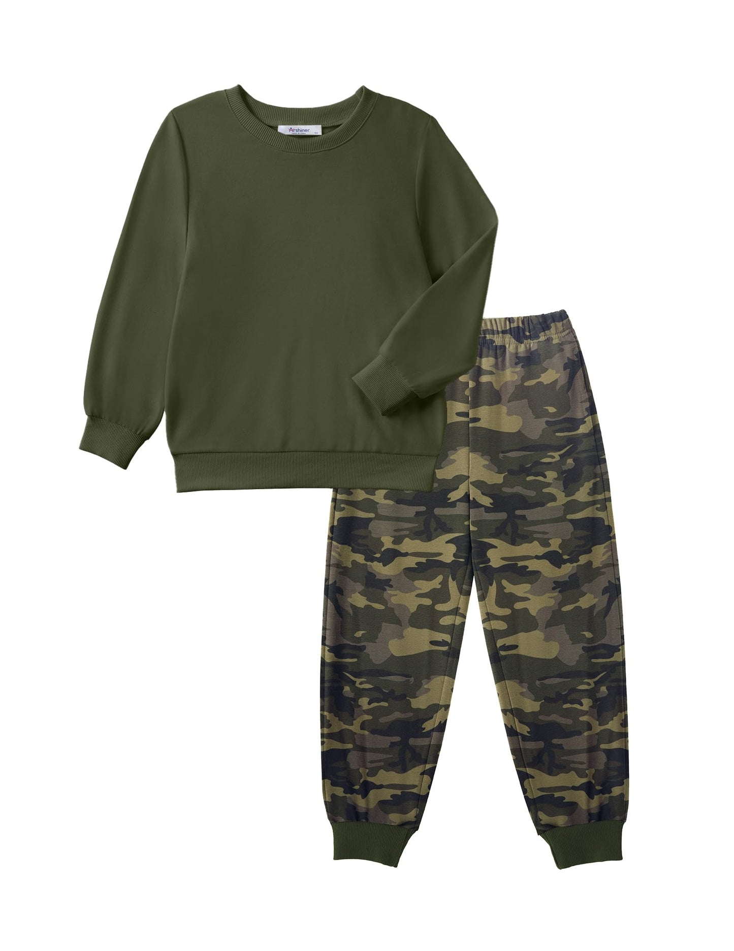 Arshiner Boys 2-Piece Camo Outfit - Army Green Sweatshirt & Camouflage Sweatpants Set Fall Clothes for Kids 7-8 Years
