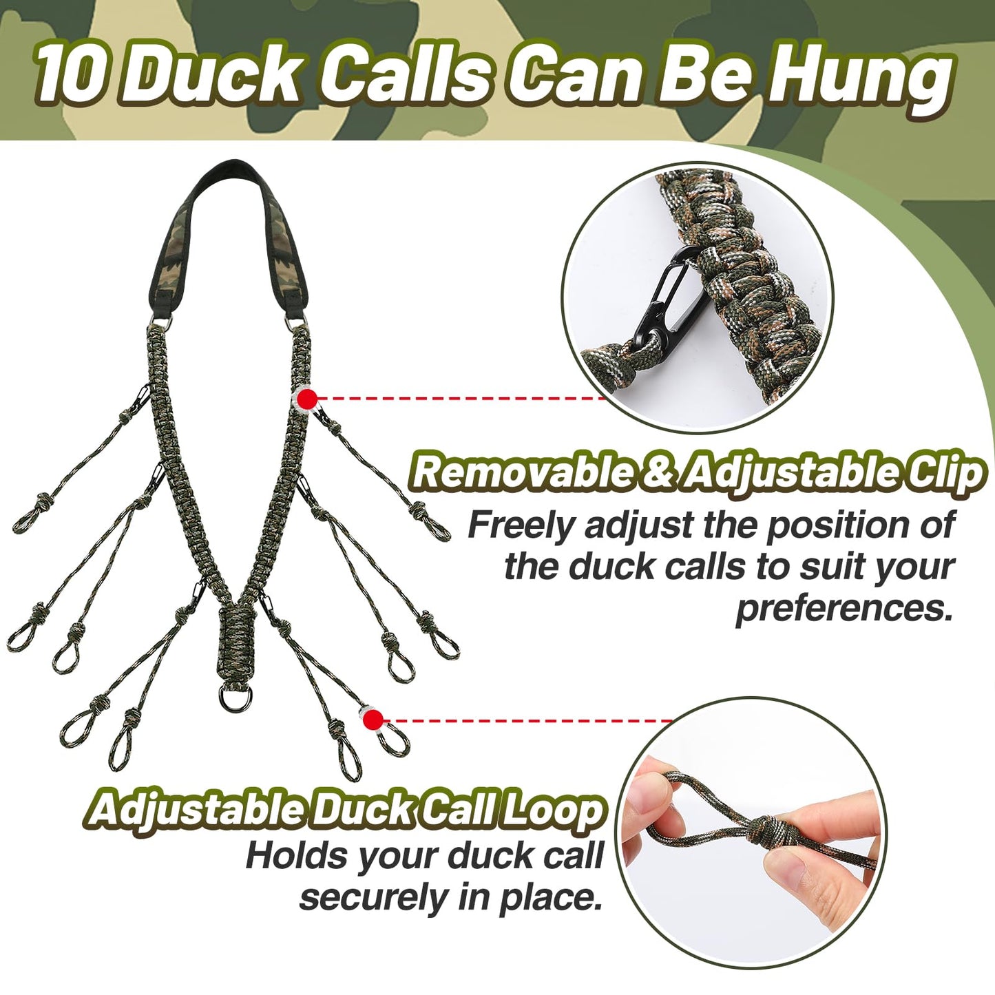 Duck Call Lanyard - Duck Whistle Hunting Accessories with 10 Removable Loops, Camo Woven Goose Call Carry, Christmas Outdoor Predator Gear Gifts for Hunter - Without Duck Call