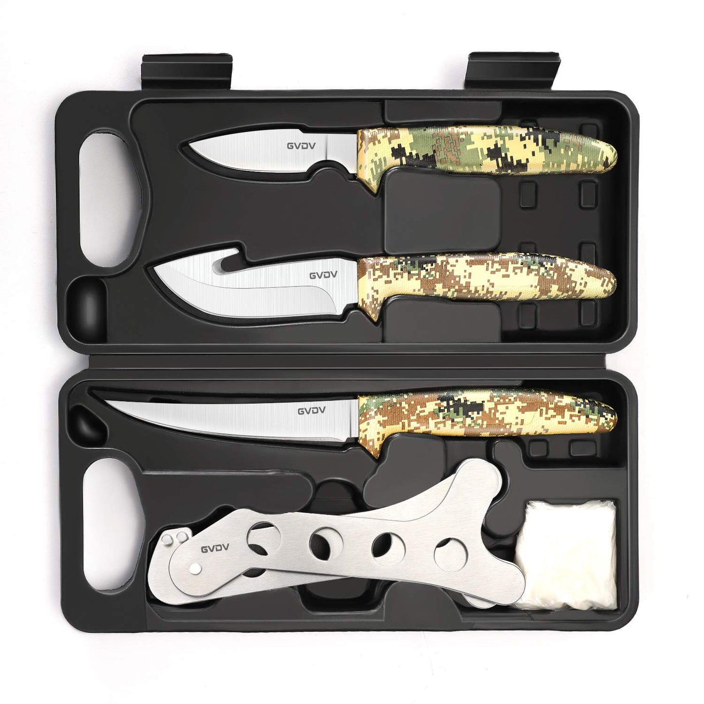 GVDV Hunting Knife Set - Deer Field Dressing Kit, Game Processor Set With Gut Hook Skinner, Spreader, Gloves - 6 Piece Butcher Gear for Men