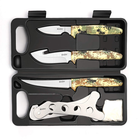 GVDV Hunting Knife Set - Deer Field Dressing Kit, Game Processor Set With Gut Hook Skinner, Spreader, Gloves - 6 Piece Butcher Gear for Men