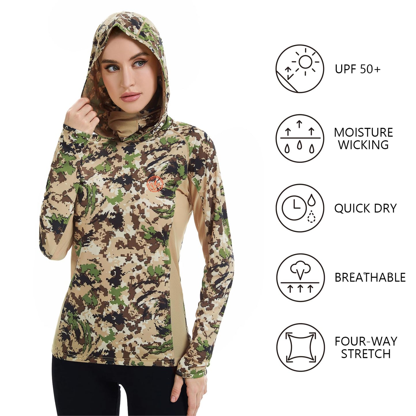 BASSDASH Women's UPF 50+ Camo Hunting Hoodie with Neck Gaiter Breathable Performance Long Sleeve Fishing Hooded Tee FS03W