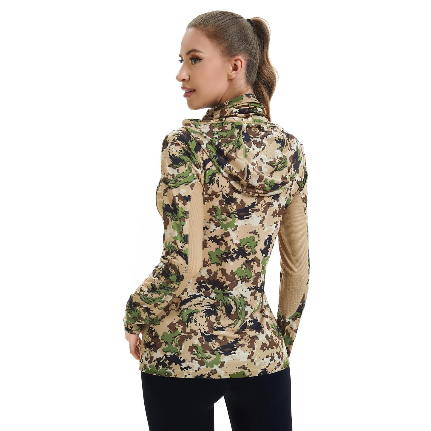 BASSDASH Women's UPF 50+ Camo Hunting Hoodie with Neck Gaiter Breathable Performance Long Sleeve Fishing Hooded Tee FS03W