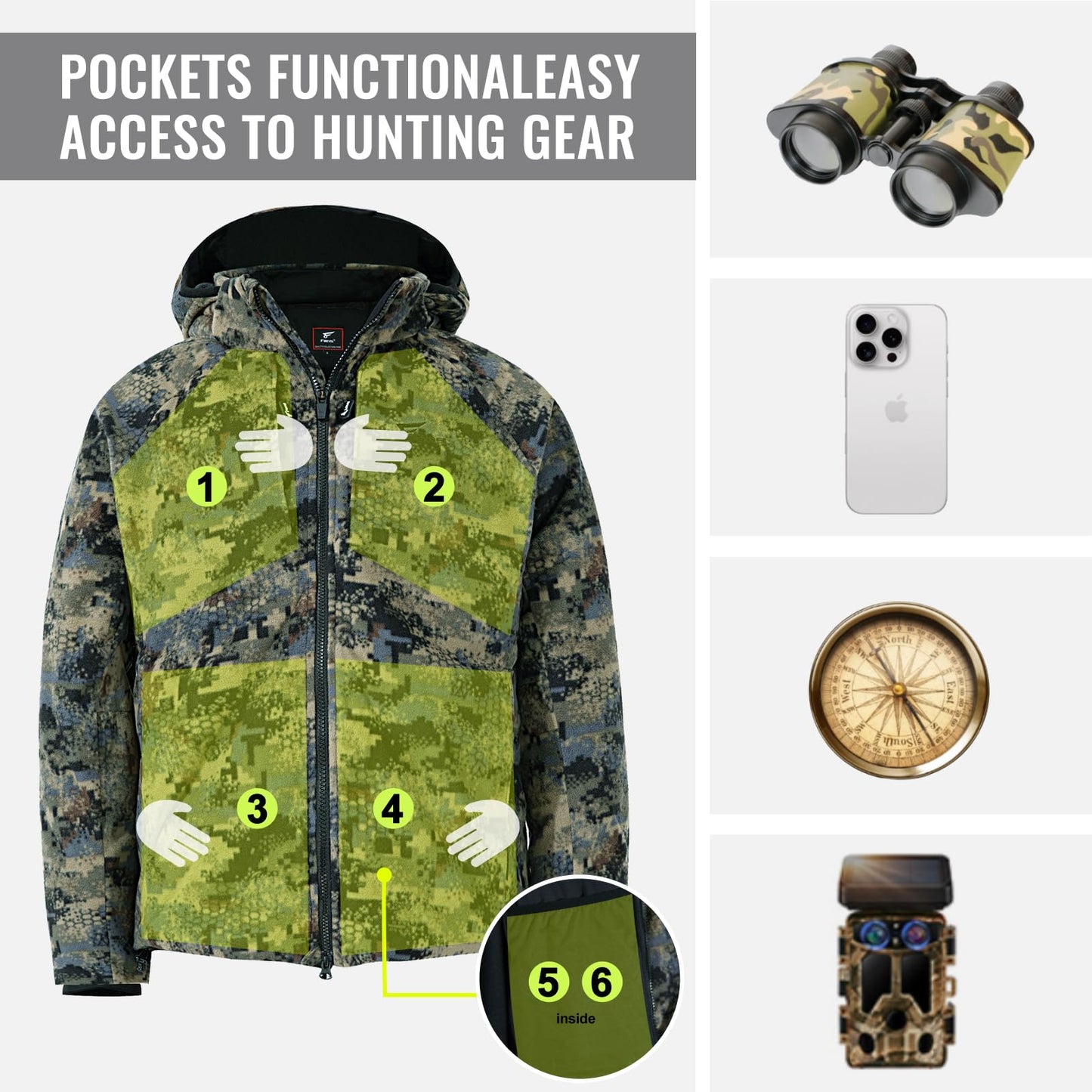 8 Fans Men’s Hunting Camo Jacket – Waterproof Lightweight 100% Polyester Fleece Hunting Gear with Breathable Design, Detachable Hood & Multi-Pockets for Outdoor, Hiking & Everyday Wear