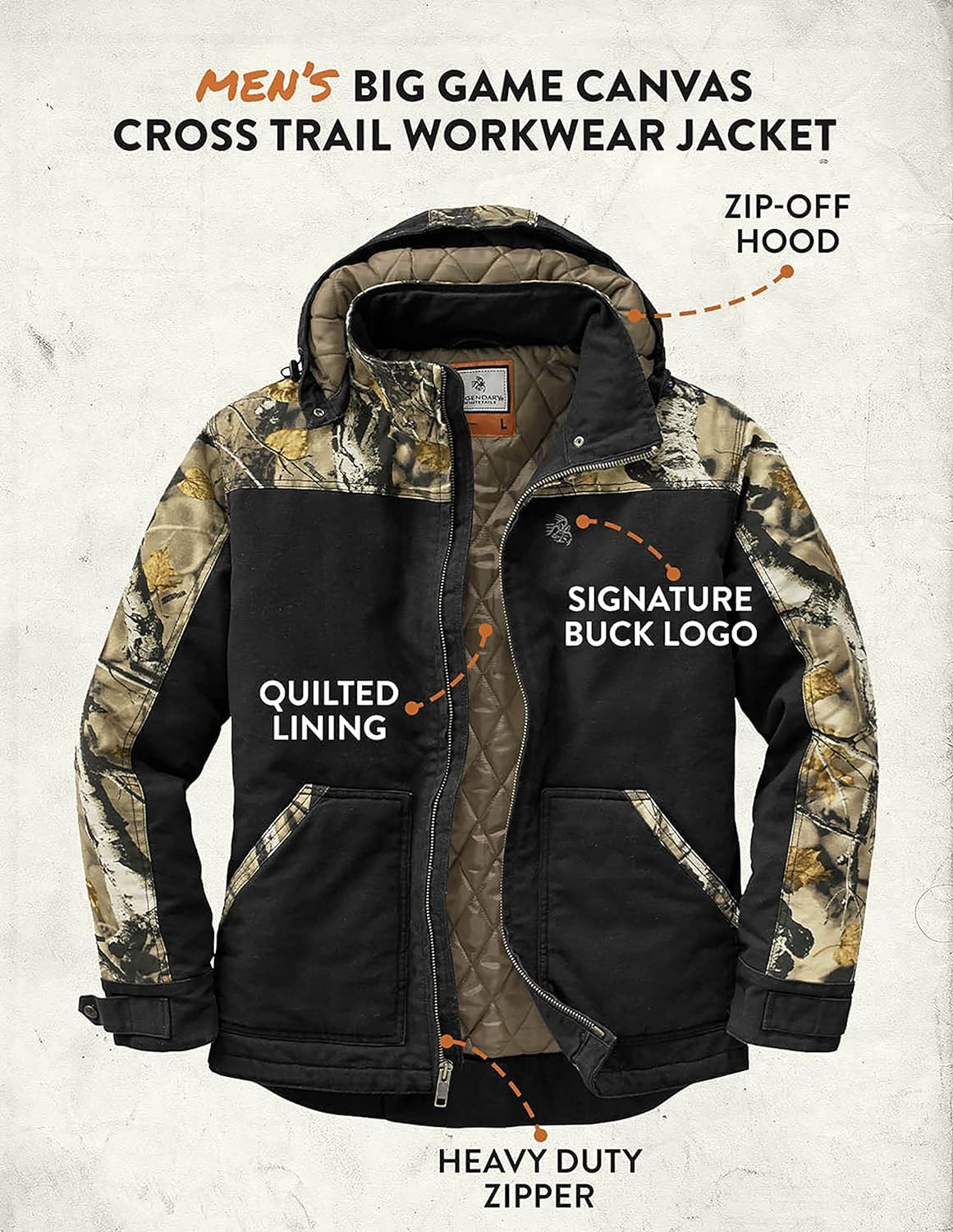 Legendary Whitetails Men's Winter Coat Quilted Canvas Workwear Jacket Water Repellent Insulated, Black, Large