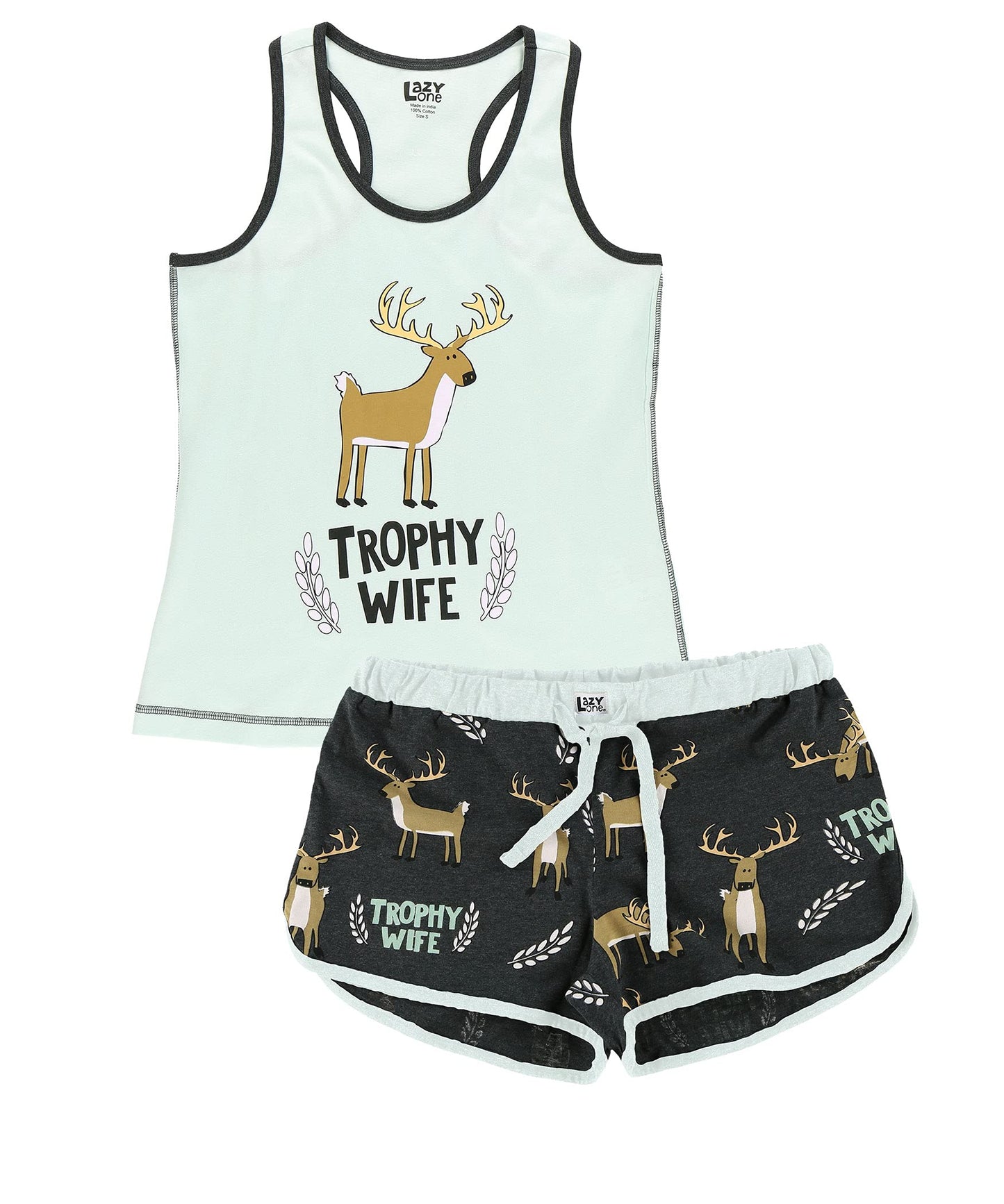 Lazy One Matching Pajamas for Women, Cute Pajama Shorts and Tank Top Set, Animal, Hunting, Deer (Trophy Wife, X-Large)