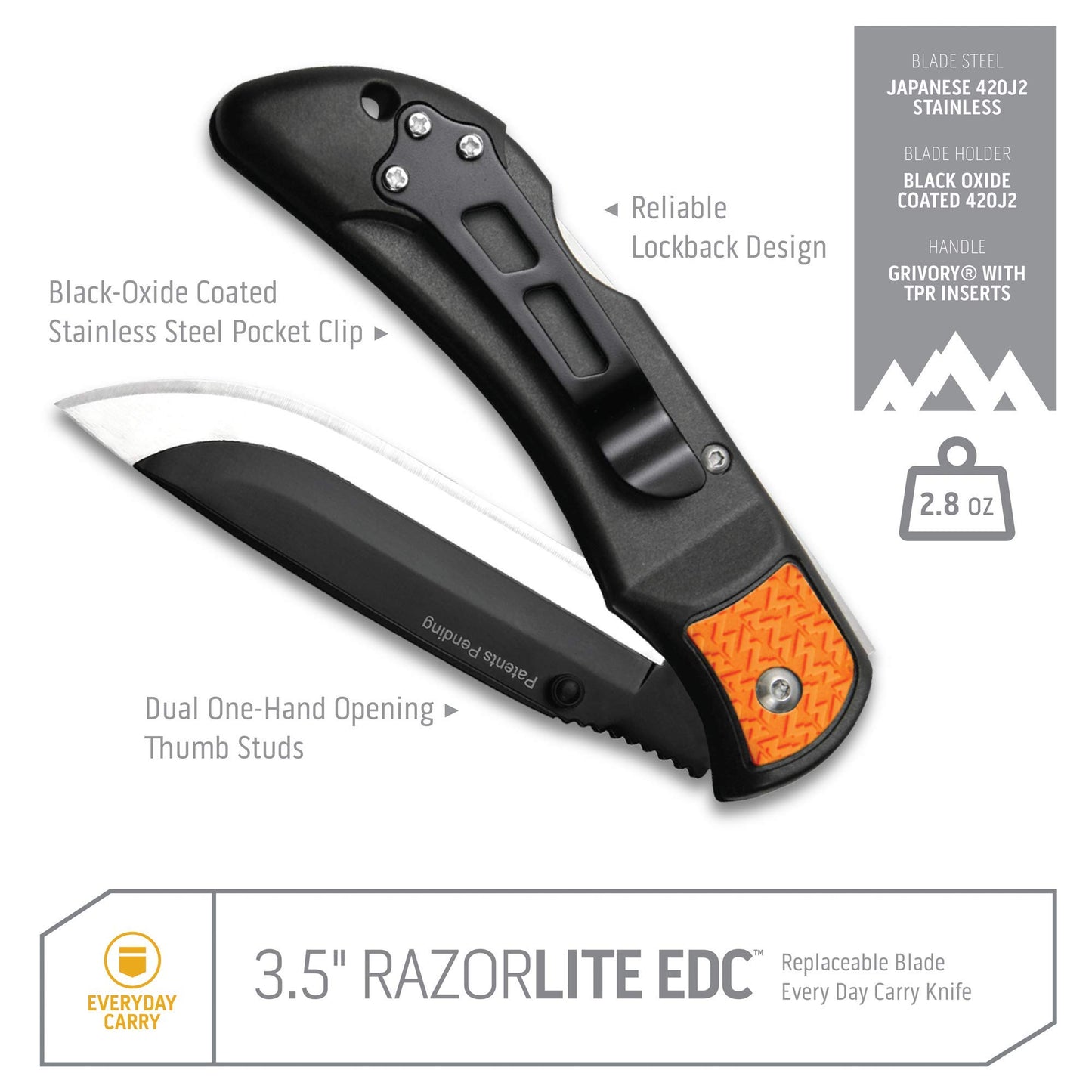 OUTDOOR EDGE 3.5" RazorLite EDC Knife. Pocket Knife with Replaceable Blades and Clip. The Perfect Hunting Blade for Skinning Deer. Blaze Orange with 6 Blades
