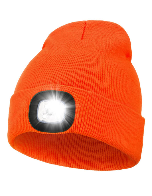 MELASA Unisex LED Beanie with The Light, USB Rechargeable Hands Free Headlamp Hat, Knitted Night Light Beanie Cap Flashlight Hat, Men Gifts for Dad Father Husband (Orange)