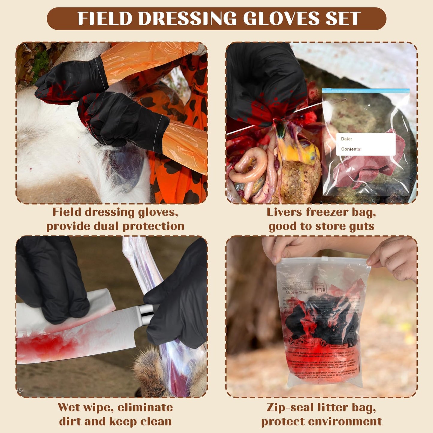 Field Dressing Gloves Kit, 10 Sets Disposable Hunting Deer Gutting Cleaning Gloves, Shoulder-Length Disposable Glove & Nitrile Glove Combo & Rubber Bands for Deer Gutting Hunting Cleaning Accessories