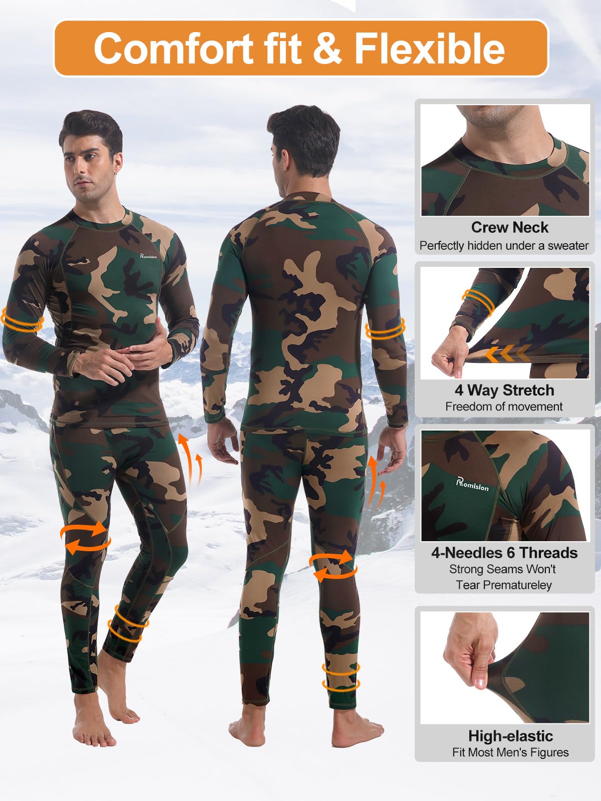 romision Thermal Underwear Long Johns for Men Fleece Lined Base Layer Cold Weather Hunting Gear Bottom and Top Set