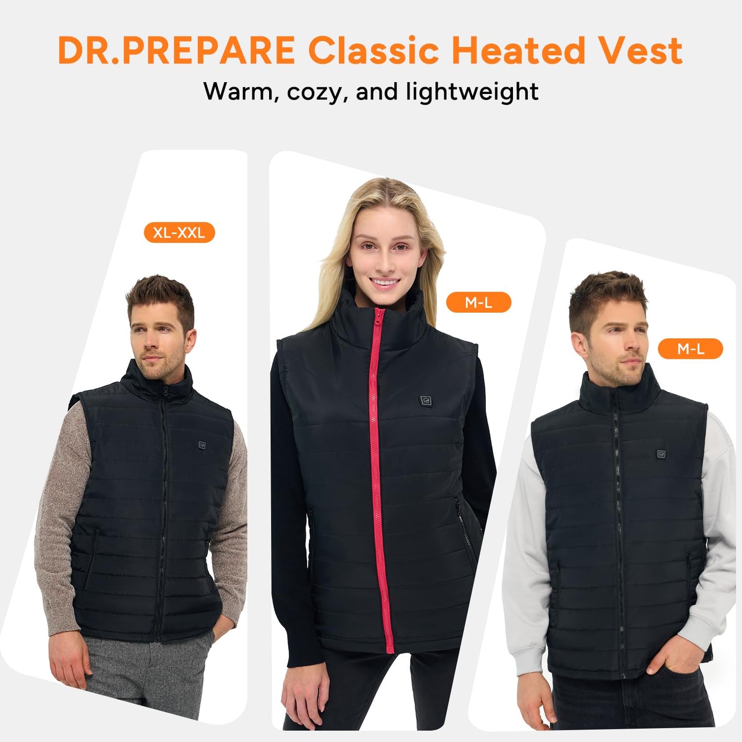 DR.PREPARE USB Heated Vest for Men and Women, 3 Heating Levels, Lightweight and Adjustable Warming Vest for Hiking and Skiing