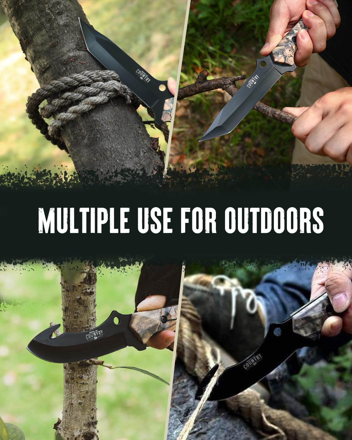 Mossy Oak Fixed Blade Hunting Knife Set - 2 Piece, Full Tang Handle Straight Edge and Gut Hook Blades Game Processing Knife, Sheath Included - Yellow Camo