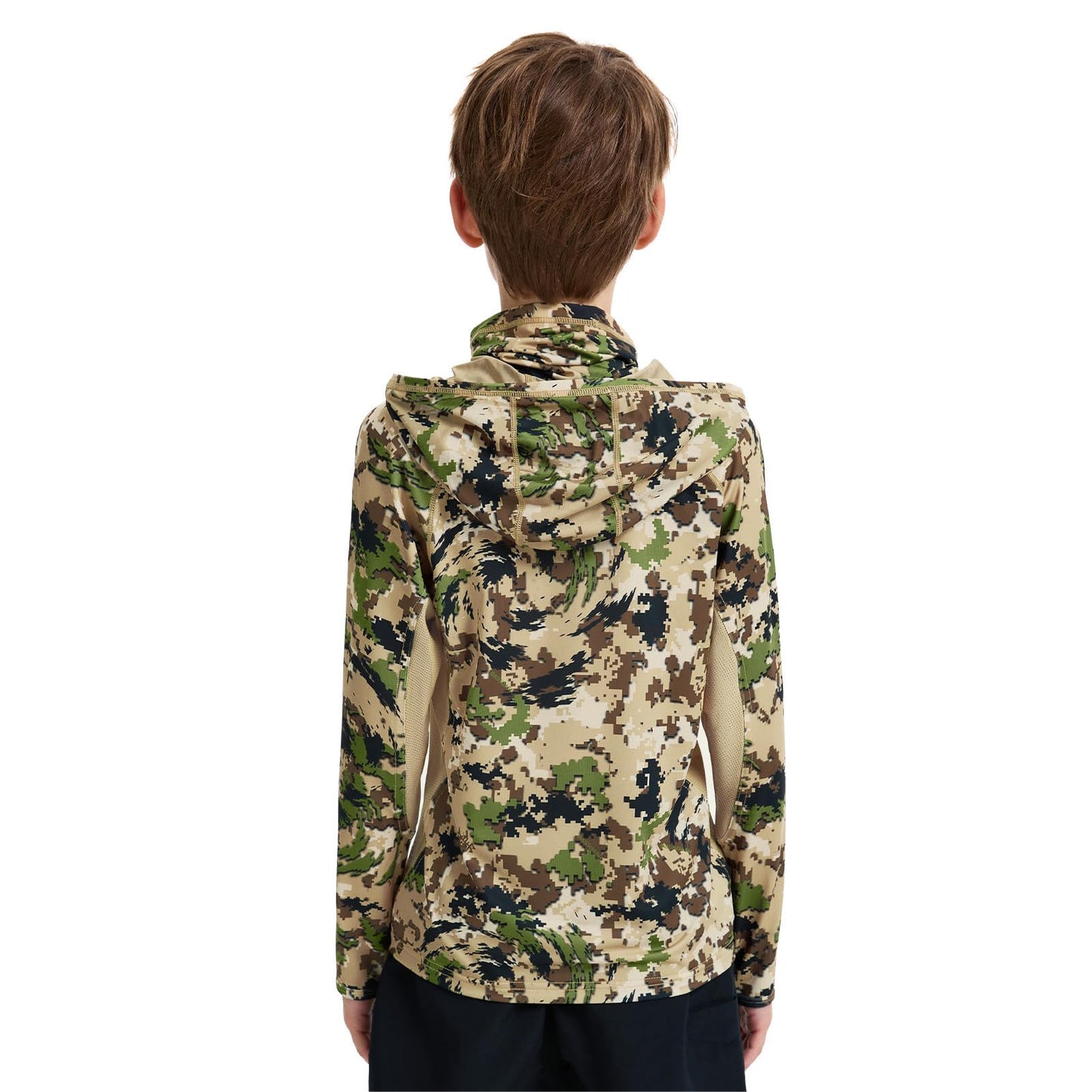 BASSDASH Youth UPF 50+ Camo Hunting Hoodie Shirt with Neck Gaiter Quick Dry Long Sleeve Hooded Tee for Fishing Hiking FS02Y