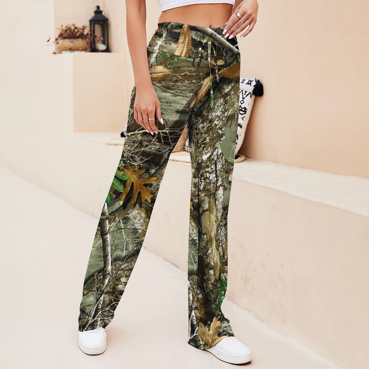 Bagea-Ka Autumn Hunting Tree Camo Pattern Women Yoga Pants Straight Wide Leg Pants Drawstring Casual Loose Sweatpants M