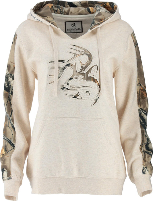 Legendary Whitetails Womens Camo Hoodie Pullover Sweatshirt Comfy V-Neck with Kangaroo Pocket, Oat Heather, MED