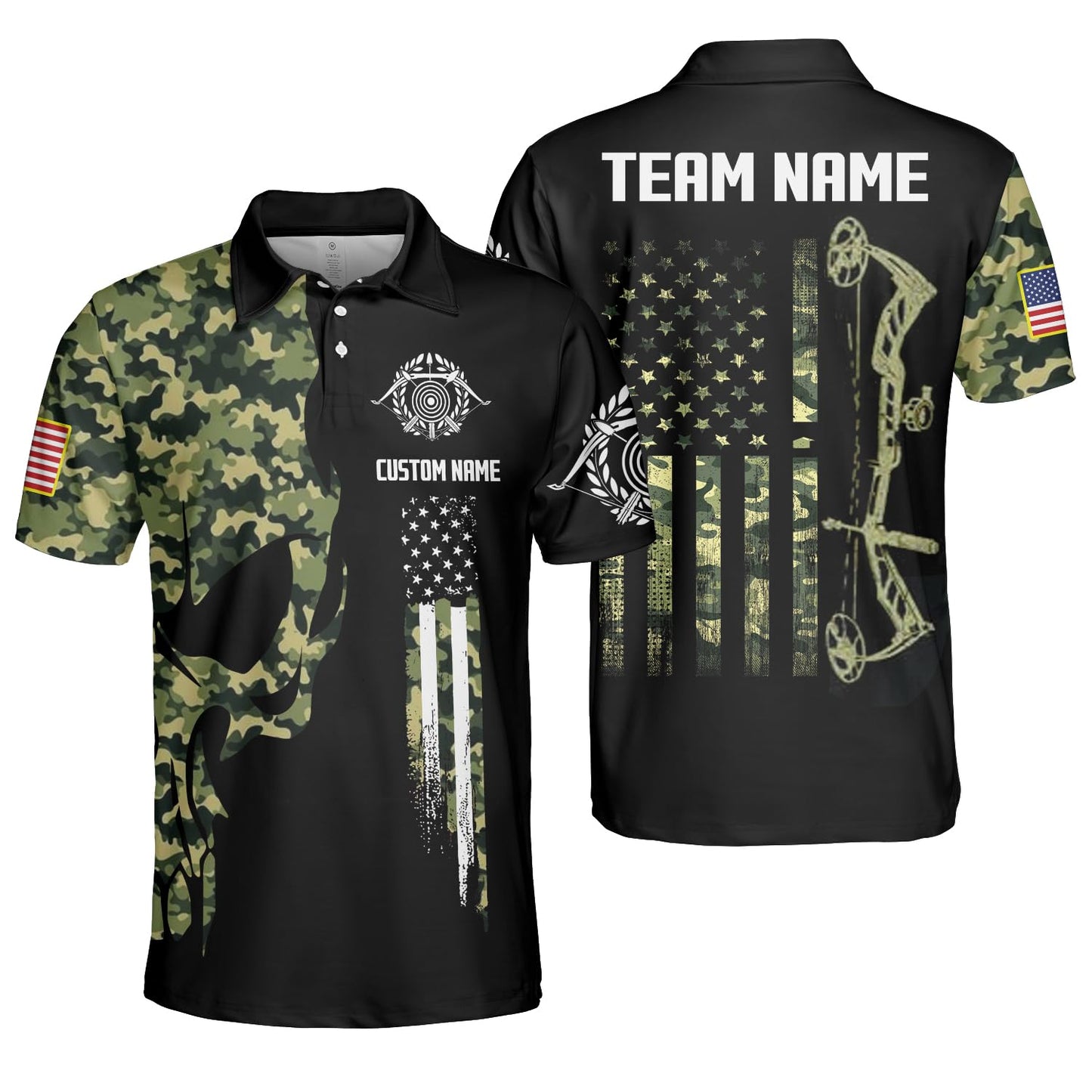 Custom Skull Camo Bowhunting Bow Archery Shirt, Personalized Name and Team Name Archery Jersey Shirt, Bow Hunting Archery Polo Shirts 3D