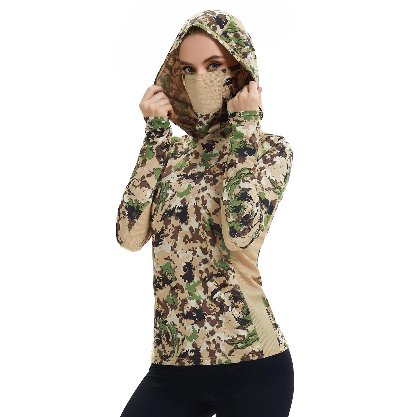 BASSDASH Women's UPF 50+ Camo Hunting Hoodie with Neck Gaiter Breathable Performance Long Sleeve Fishing Hooded Tee FS03W