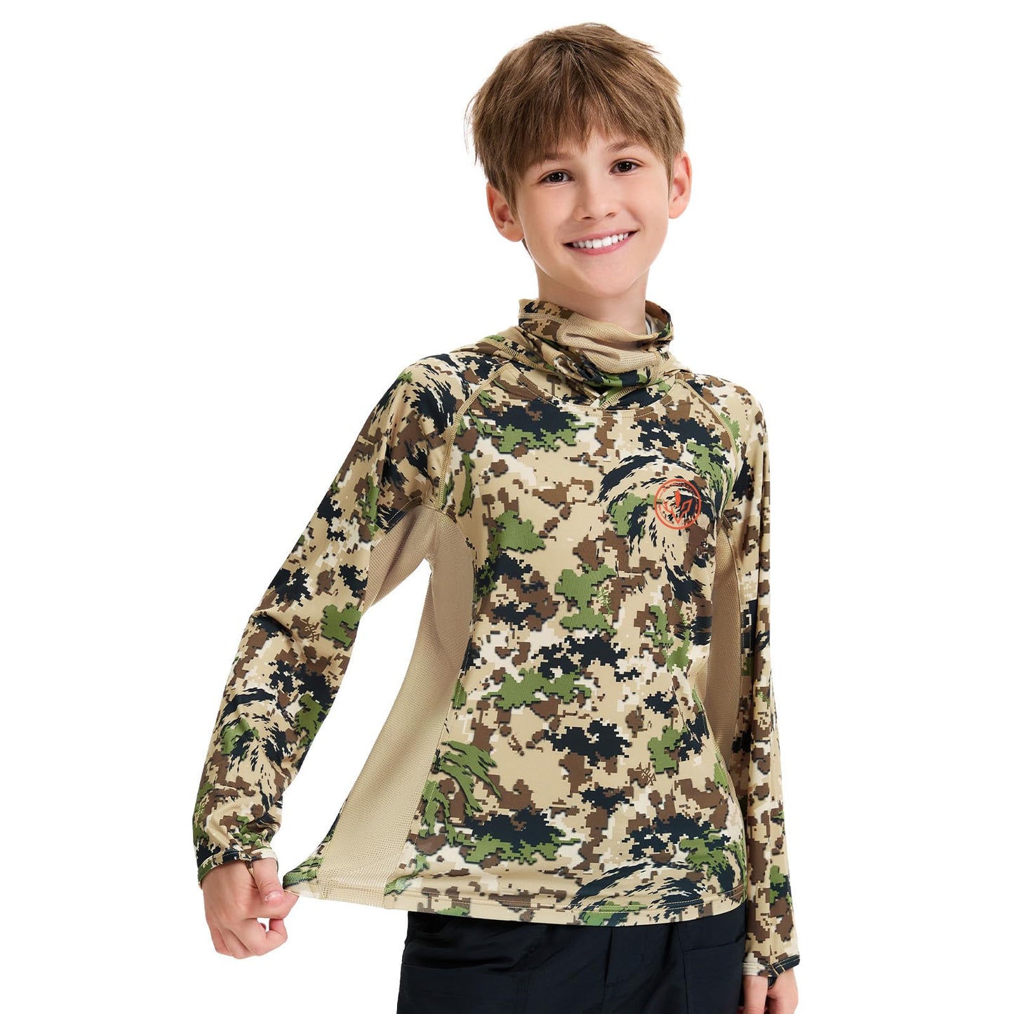 BASSDASH Youth UPF 50+ Camo Hunting Hoodie Shirt with Neck Gaiter Quick Dry Long Sleeve Hooded Tee for Fishing Hiking FS02Y