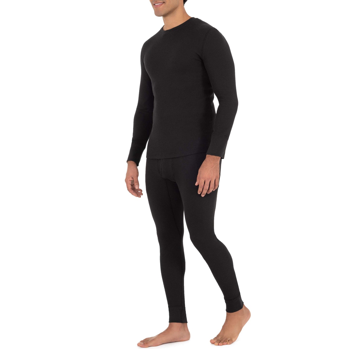 Fruit of The Loom Men's Recycled Waffle Thermal Underwear Set (Top and Bottom), Black, Large