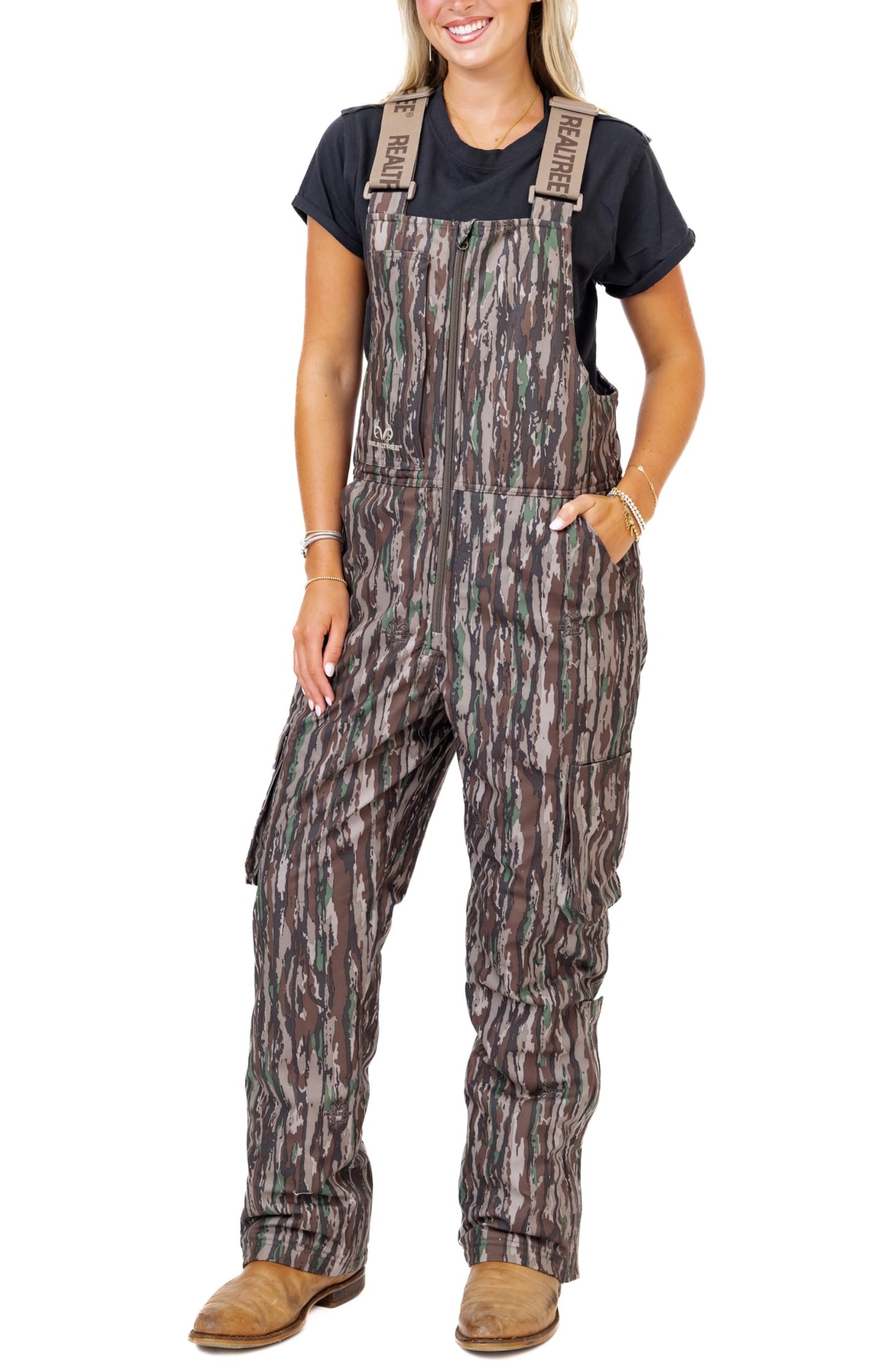 Realtree Women's Camo Hunting Insulated Windproof Breathable Midweight Super Warm Bibs Coveralls (US, Alpha, Large, Regular, Regular, Original Camo)