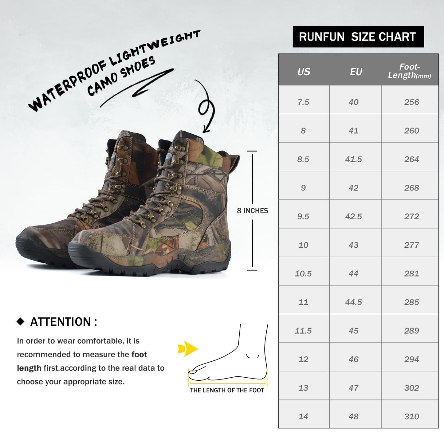 R RUNFUN Men's 8" Waterproof Lightweight Hunting Boots Camo Insulated Hiking Boots, 200g Thinsulate(RF001-8C2,Size10)