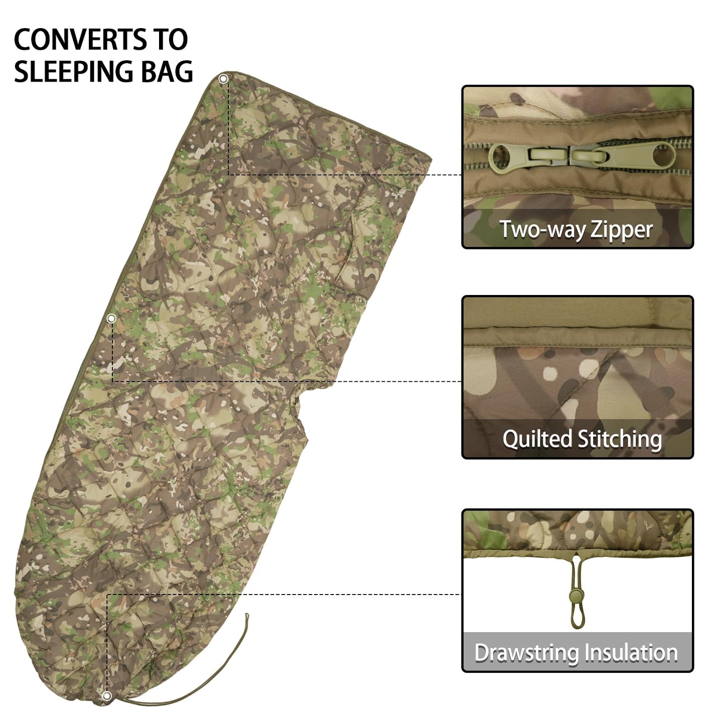 Tongcamo Poncho Liner Hoodie with Pocket Insulated Military Sleeping Bag Water Resistant for Outdoor Camping Travel Survival Hunting Car Emergency