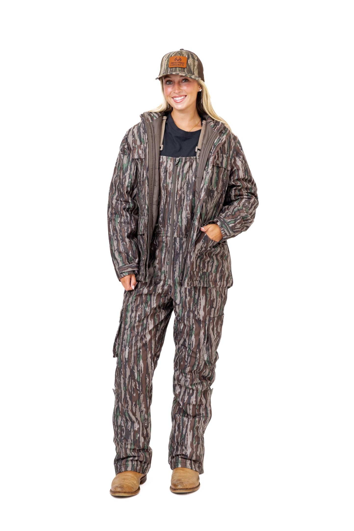 Realtree Women's Camo Hunting Insulated Windproof Breathable Midweight Super Warm Bibs Coveralls (US, Alpha, Large, Regular, Regular, Original Camo)