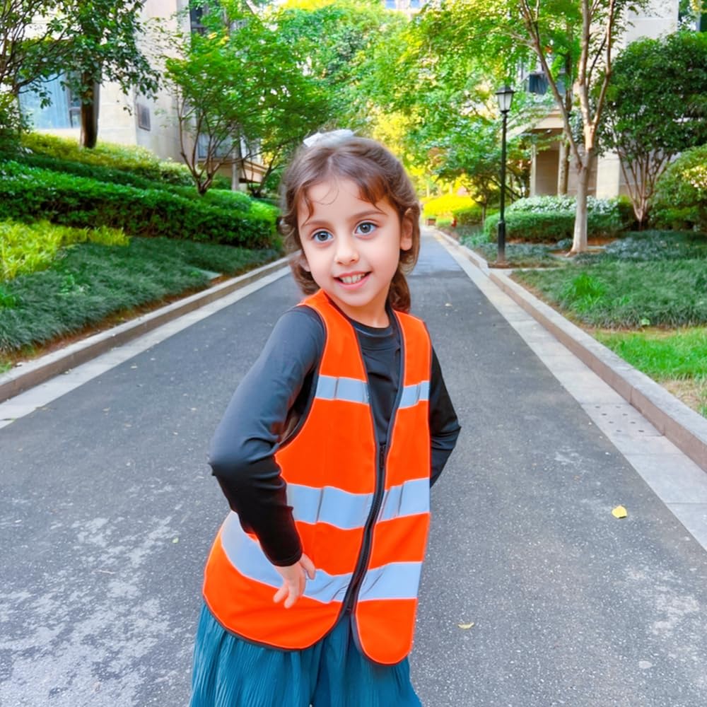 IDOU High Visibility Kids Safety Vest,Toddler Safety Vest,Reflective Vest Kids,Toddler Construction Vest For Cycling &Running,Orange XS/Zipper