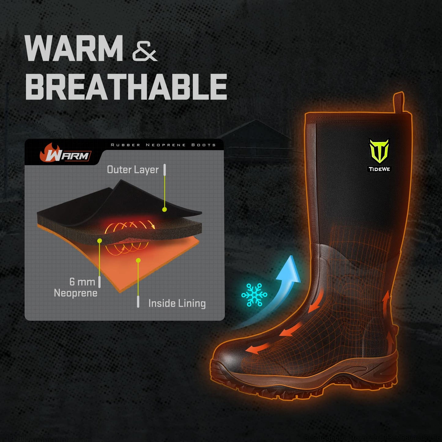 TIDEWE Rubber Neoprene Boots Men And Women, Waterproof Sturdy 6mm Neoprene Boot, Rain Boot Hunting Boot Arctic Outdoor Boot Men Size 7 Black