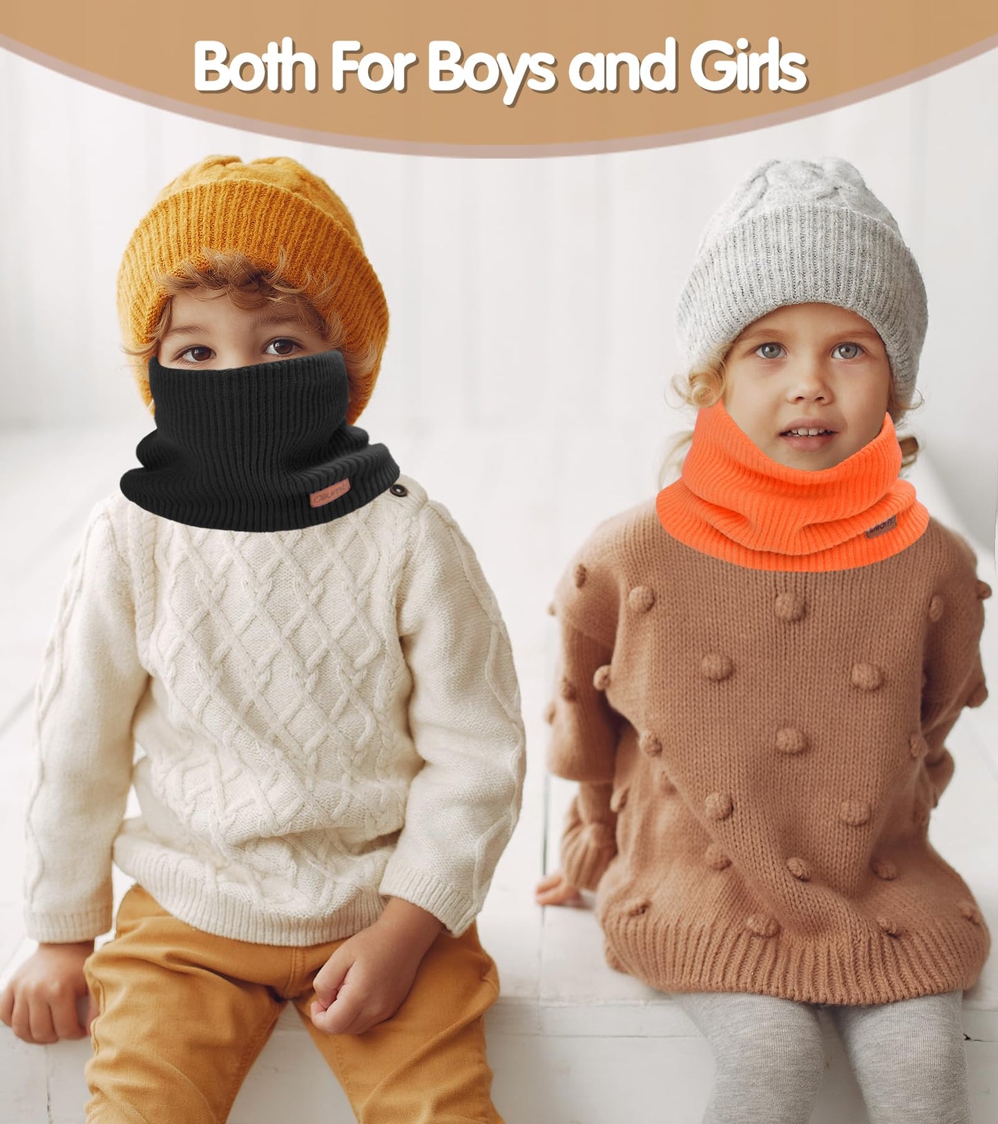 Kids Neck Warmer Winter Neck Gaiters Knitted Infinity Scarf for Boys Girls Fleece Lined Ski Mask for Cold Weather (Black, Orange)