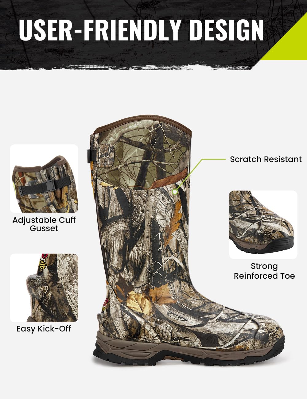 TIDEWE Rubber Hunting Boots with 800g Insulation, Waterproof Insulated Next Camo G2 Warm Rubber Boots with 7mm Neoprene, Sturdy Outdoor Hunting Boots for Men (Size 10)