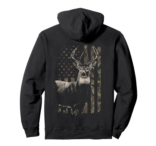 Hunting Camo American Flag Deer Camouflage (Design on Back) Pullover Hoodie