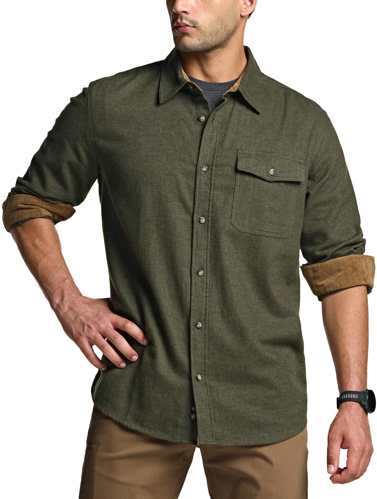 CQR Men's 100% All Cotton Button Down Flannel Shirts, Long Sleeve Brushed Warm Soft Casual Outdoor Plaid Shirt, Corduroy Hunter Green, Large