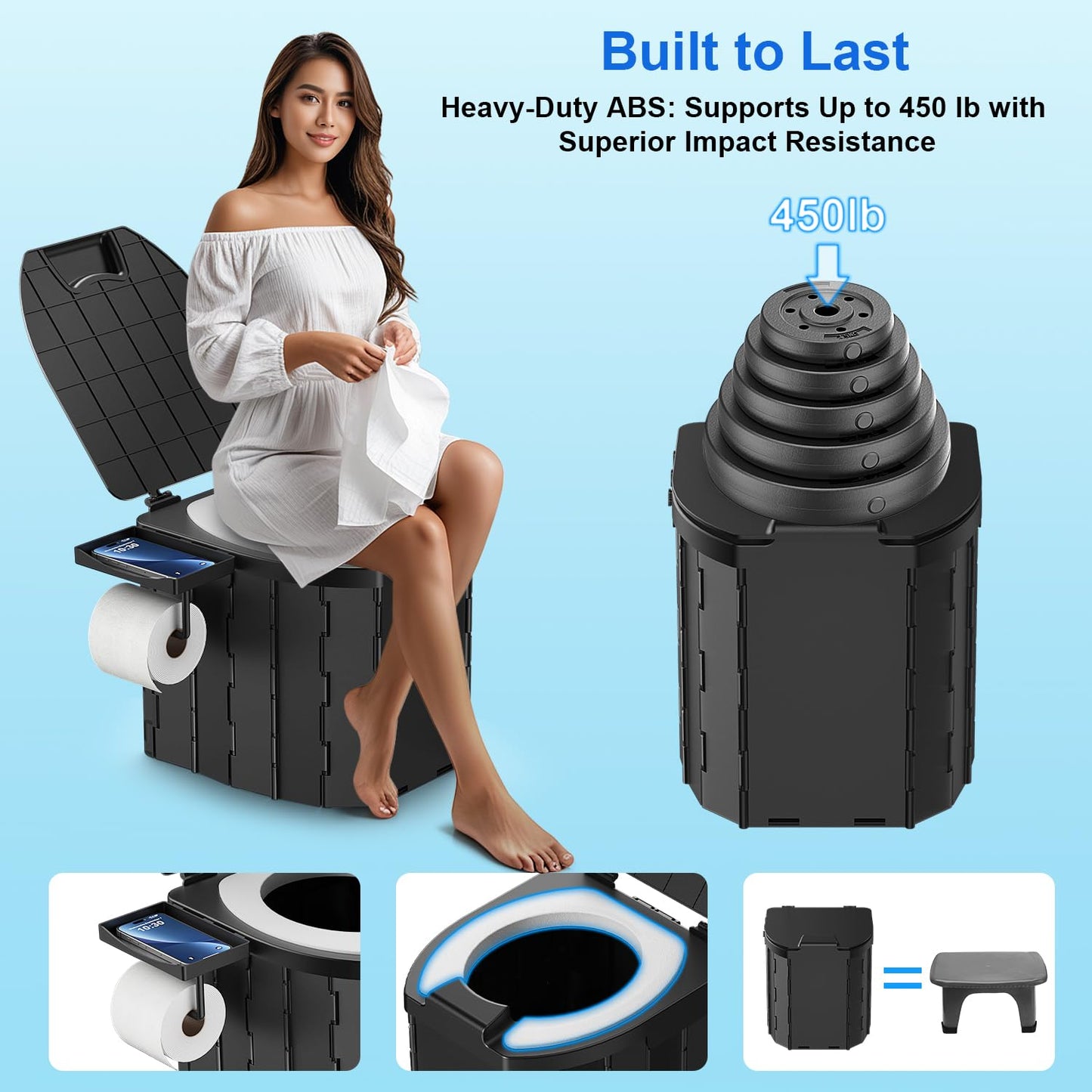 Portable Toilet for Adults & Kids, Foldable Camping Travel Potty with Lid & Paper Holder, Upgrade Water Barrier,Compact Lightweight Design for Car/RV/Hiking/Beach/Camping,450lbs Capacity