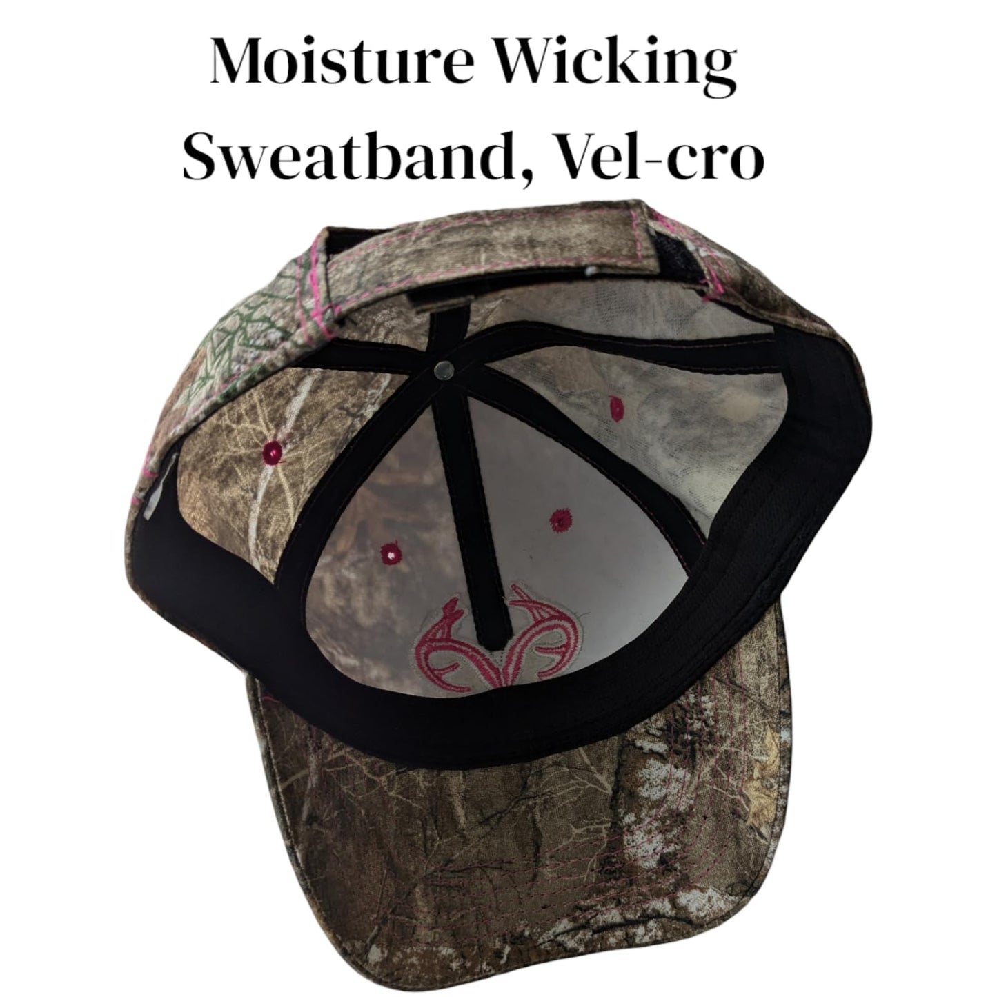 Realtree 3D Pink Antler Logo Hunting Camo Cap Hat Visor, RT Edge, Ladies Fit, Mid Profile Structured, Wicking Sweatband, Vel-cro Back