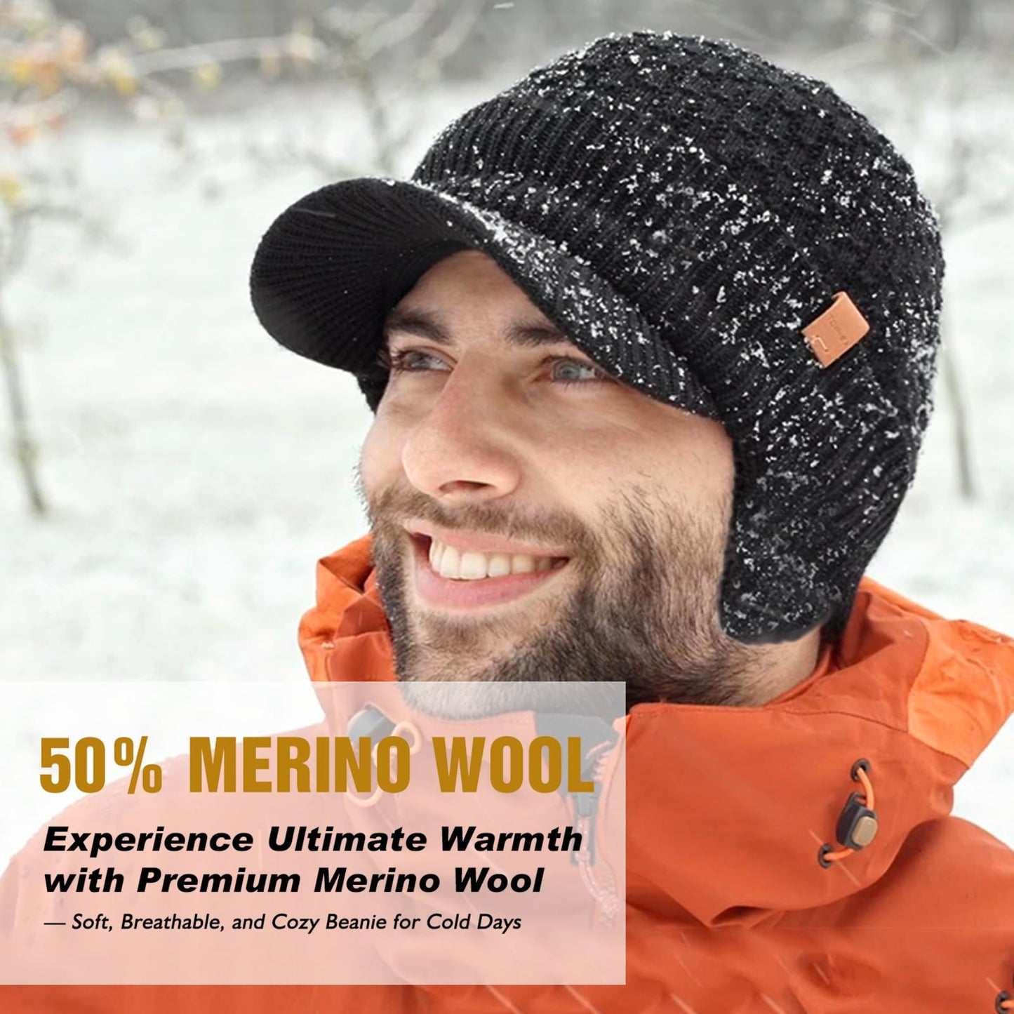 TOP-EX 50% Merino Wool Winter Hats Beanie with Brim Waterproof Warm Fleece Lined for Cold Weather (US, Alpha, Medium, Large, Updated Earflap Style#Green (Waterproof))