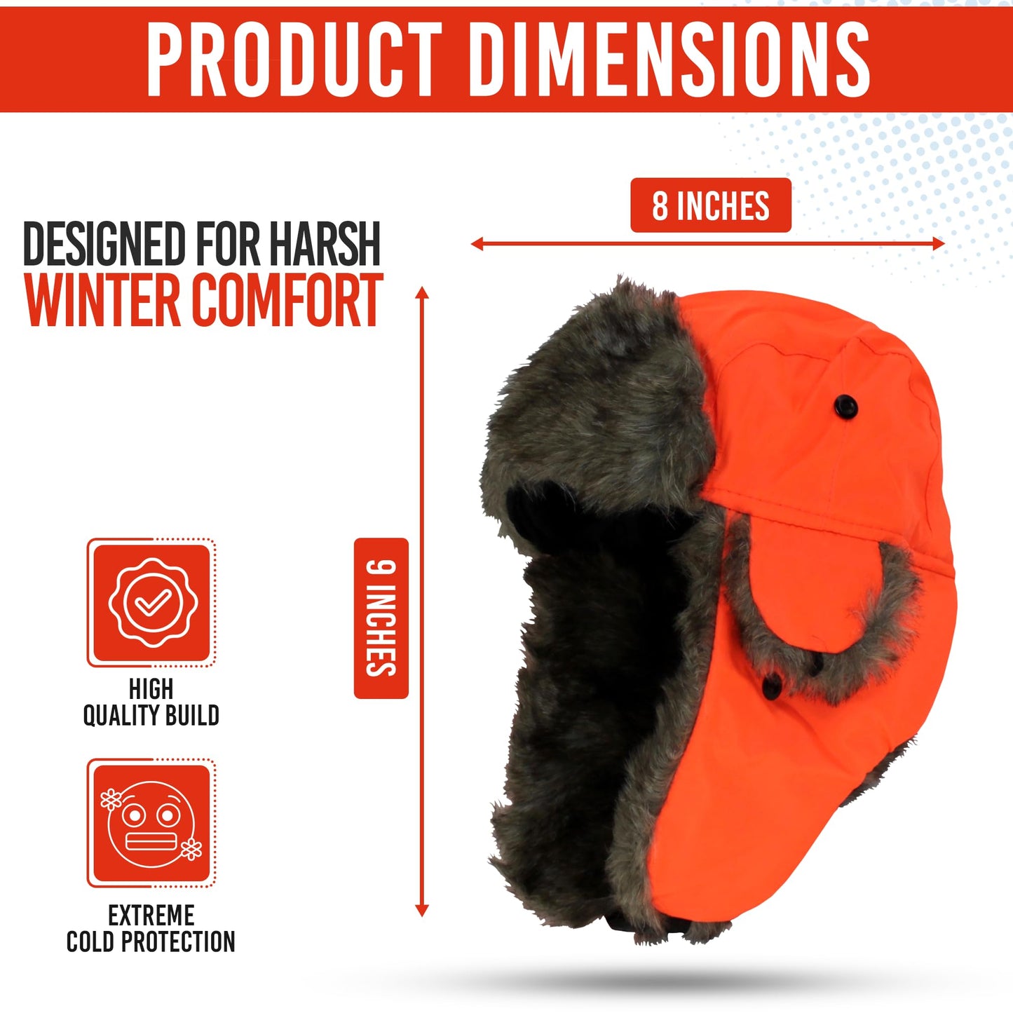 Iconikal Men's Trapper Winter Hat Hunter Blaze Orange Faux Fur Lined Ear Flap Quick Release Buckle Warm Hunting Cap One Size Fits Most Adults