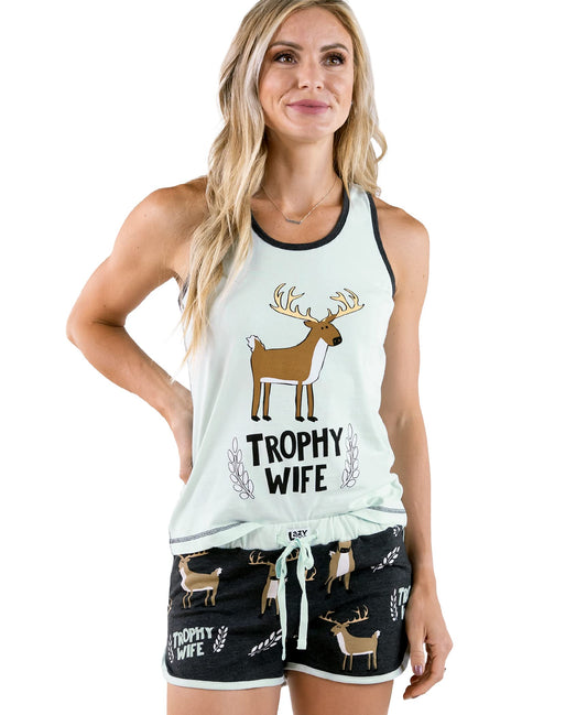 Lazy One Matching Pajamas for Women, Cute Pajama Shorts and Tank Top Set, Animal, Hunting, Deer (Trophy Wife, X-Large)