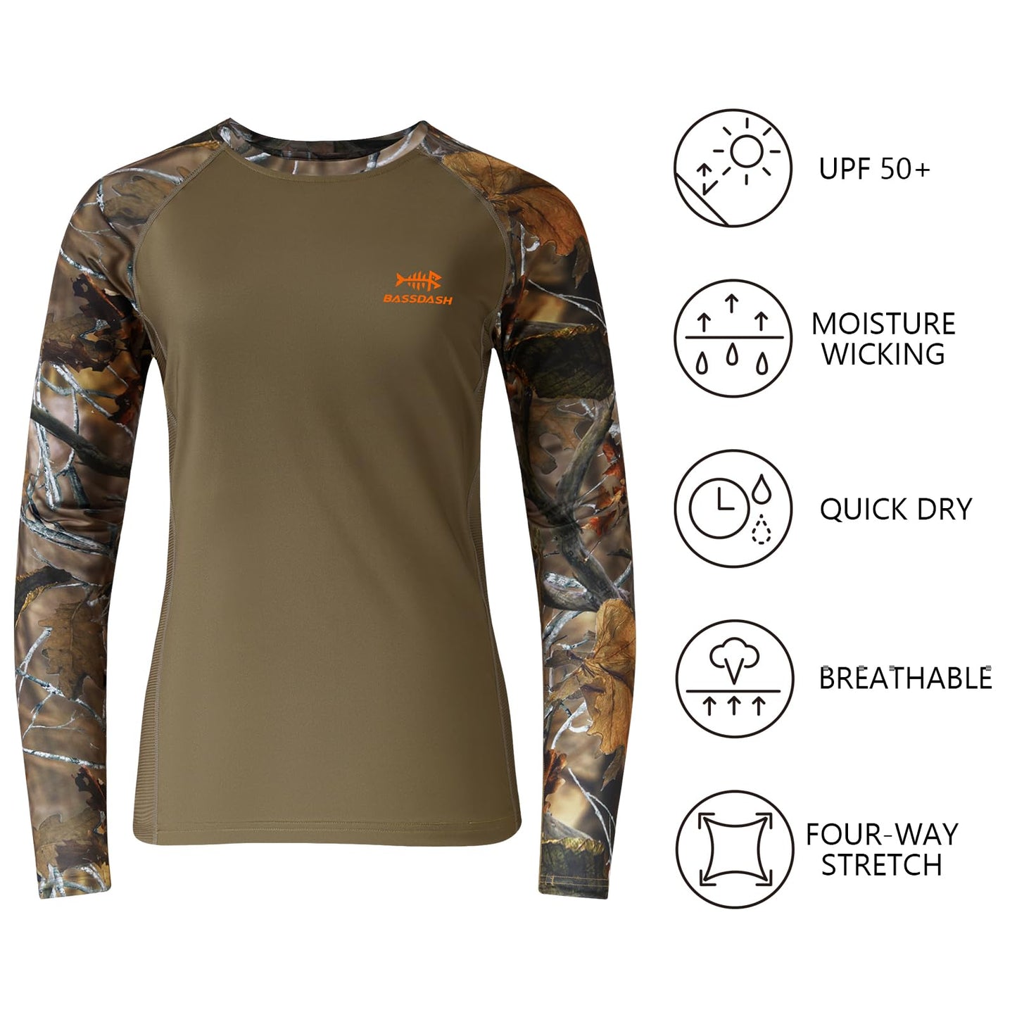 BASSDASH Women’s Camo Hunting Shirt Long Sleeve UPF 50+ Sun Protection Performance Tee Fishing Hiking