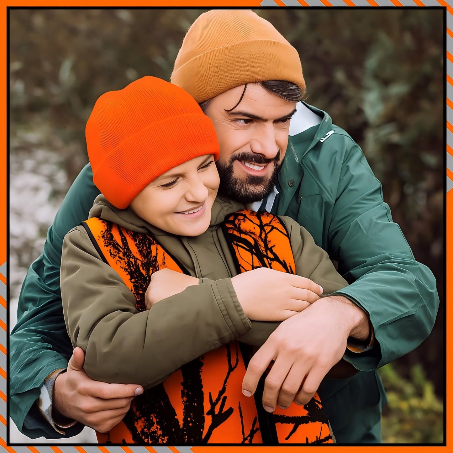 Berlune 2 Pcs Kids Hunting Vest & Beanie Set Reflective Hunting Clothes Blaze Vests for Night Hiking Outdoor(Orange,M,Pattern Style)