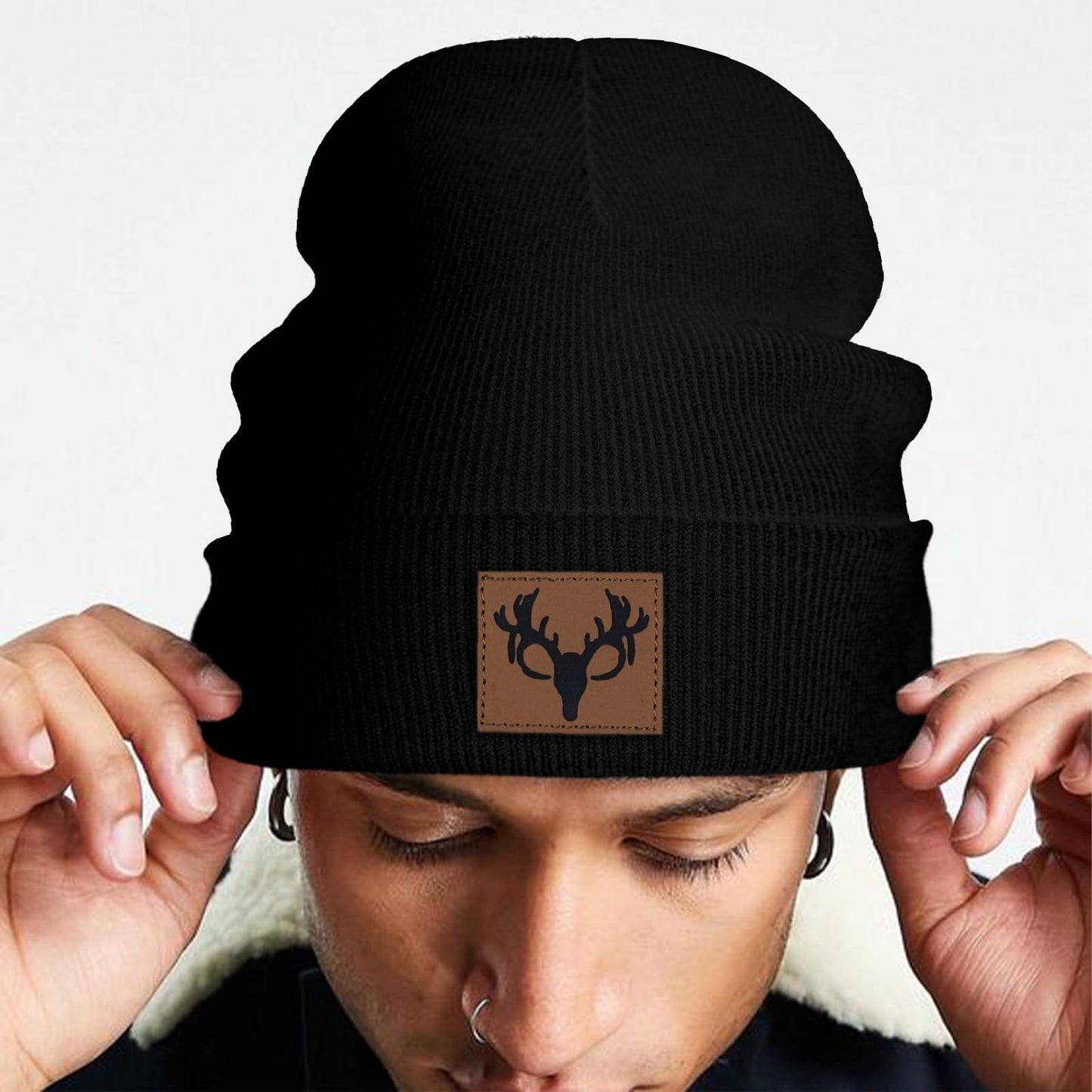 gswirmchsq Deer Hunting Beanie Hat Black, Cute Funny Leather Patch Winter Knit Skull Cap Hunting Gifts for Adult Men Women